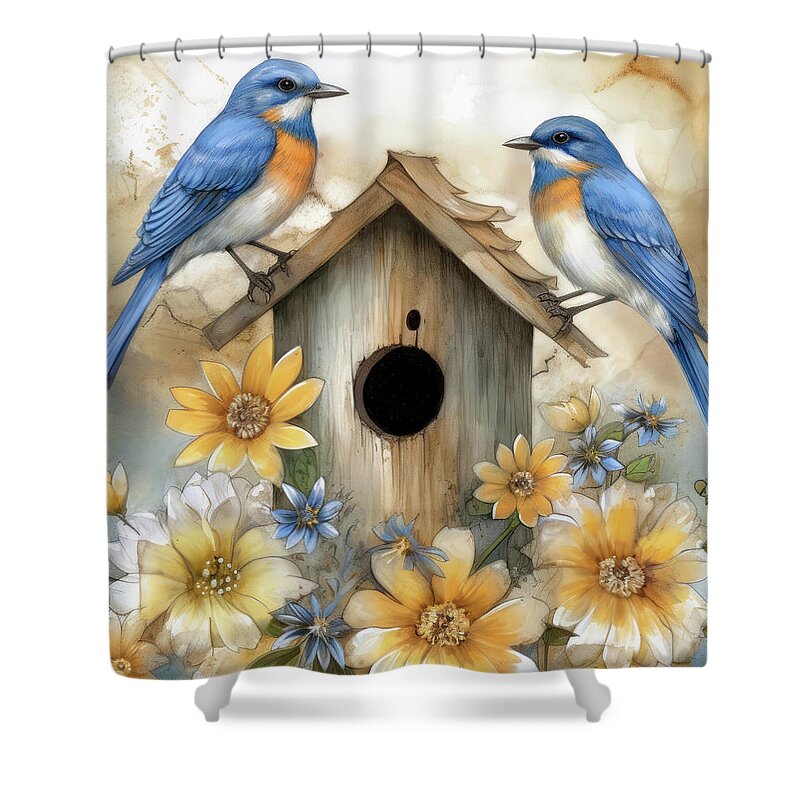 Bluebirds Shower Curtain featuring the painting Two Lovely Bluebirds by Tina LeCour