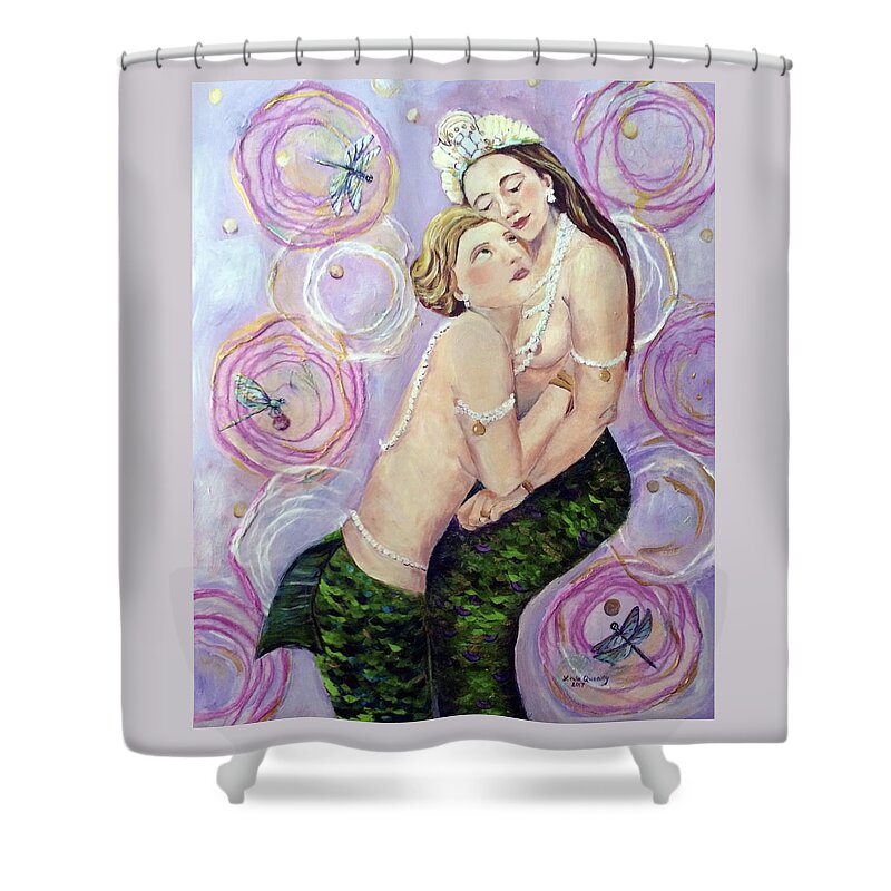 Mermaid Shower Curtain featuring the painting Two Mermaids in Pink by Linda Queally by Linda Queally