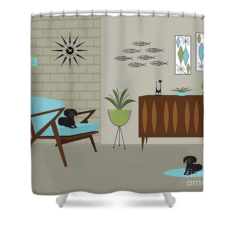 Mid Century Dog Shower Curtain featuring the digital art Two Mid Century Black Dachshunds by Donna Mibus