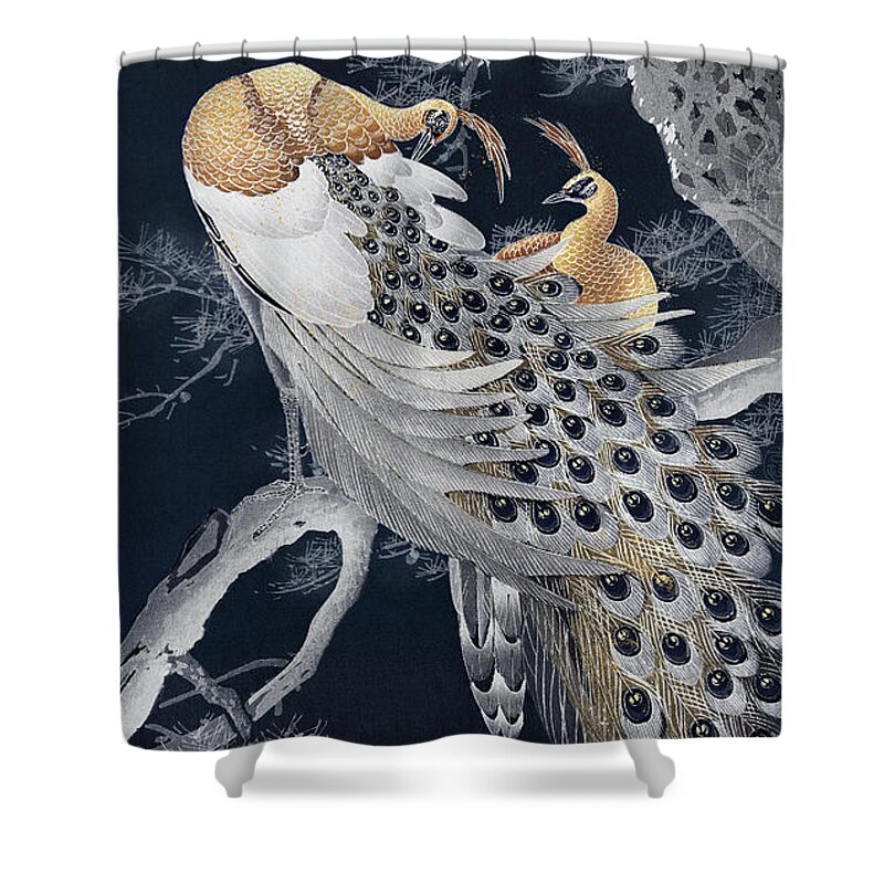 Peacocks Shower Curtain featuring the painting Two Peacocks in a tree by World Art Collective