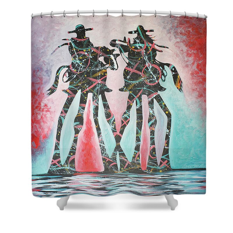 Riding High Shower Curtain featuring the painting Two Pink Red Green by Lance Headlee