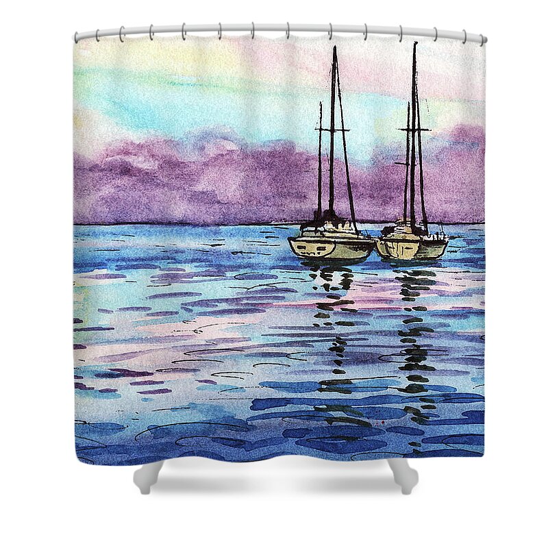 Boats Shower Curtain featuring the painting Two Sailboats Resting In The Ocean Purple Clouds Watercolor Beach Art by Irina Sztukowski