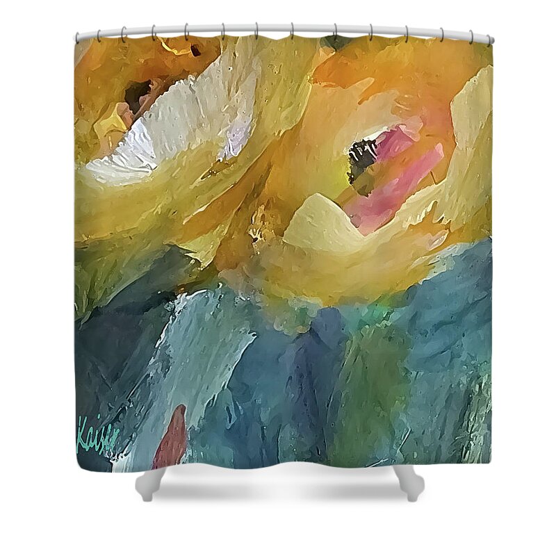 Impressionistic Shower Curtain featuring the painting Two Small Yellow Flowers Looking Upward by Lisa Kaiser