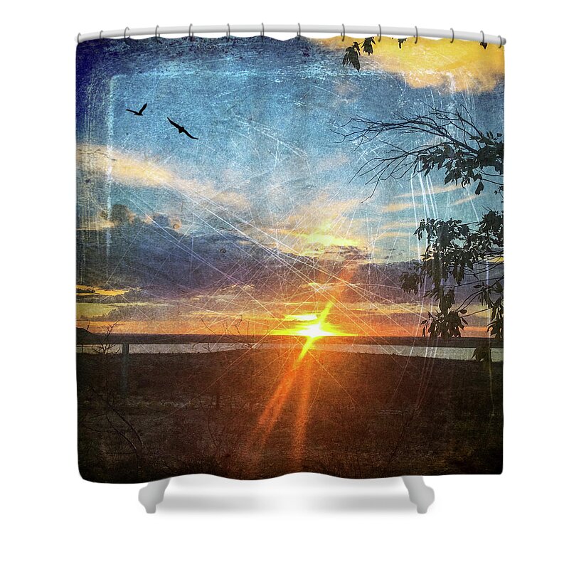 Two Souls Flying Off Into The Sunset Shower Curtain featuring the digital art Two Souls Flying Off Into The Sunset by Debra Martz