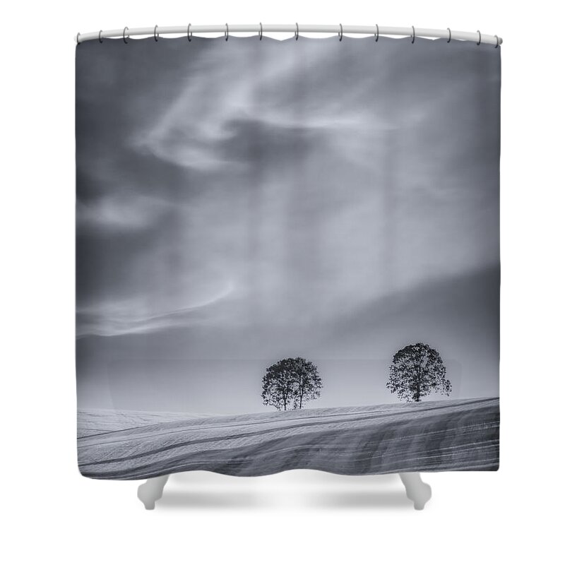 Agriculture Shower Curtain featuring the photograph Two Trees on a Hillside by Don Schwartz