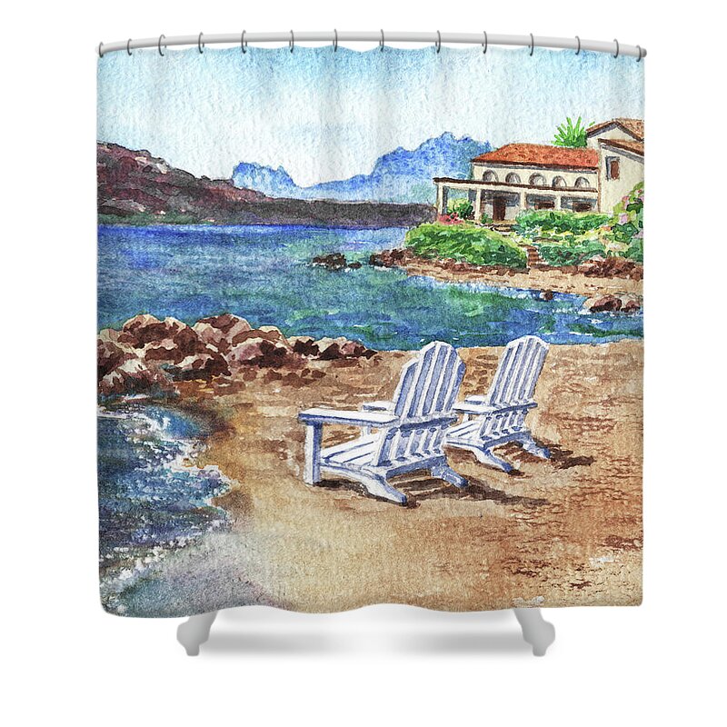 Two Shower Curtain featuring the painting Two White Chairs At The Beach Old Town Cannigione Italy Sardinia Island Mountains Watercolor by Irina Sztukowski