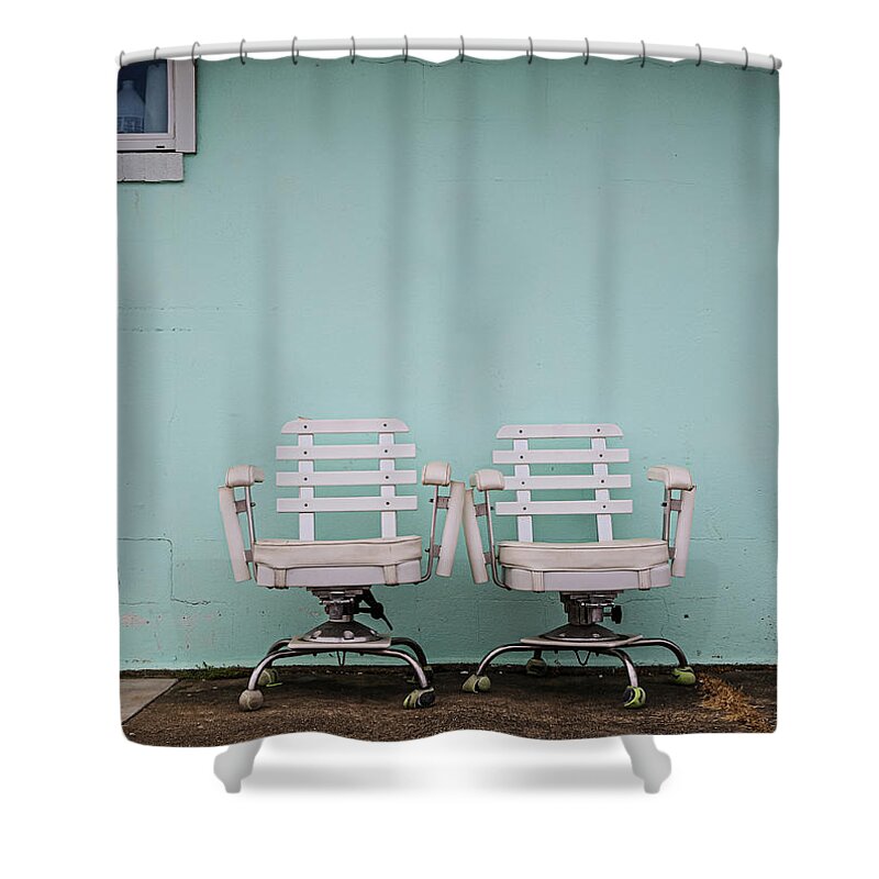 Fishing Shower Curtain featuring the photograph Two White Chairs by Steve Stanger