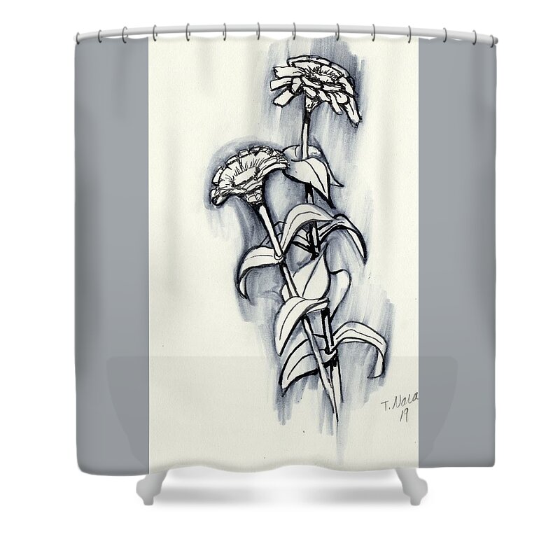Ink Shower Curtain featuring the drawing Two Zinnias Black and White by Tammy Nara