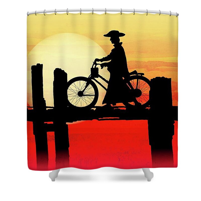 U Bein Bridge Shower Curtain featuring the painting U Bein Bridge Bicycle by Simon Read