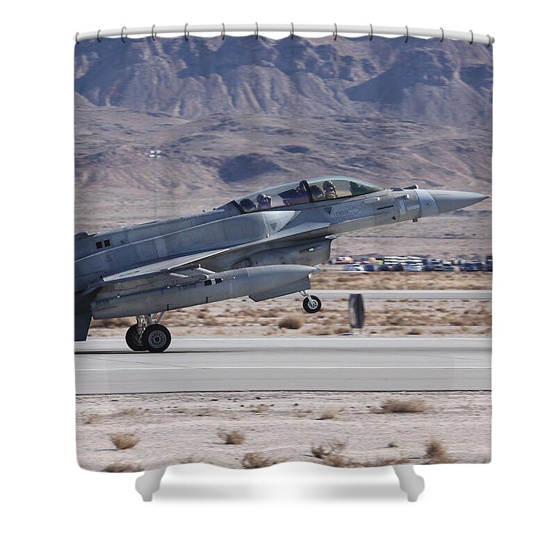 Falcon Shower Curtain featuring the photograph UAE Block 60 F-16 Recovering to Nellis AFB by Custom Aviation Art