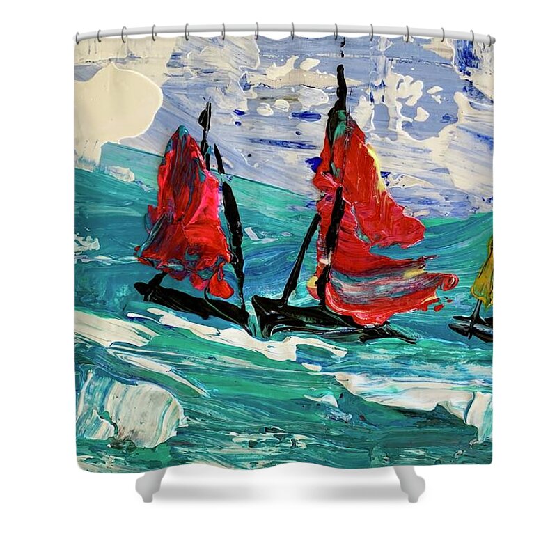 Boat Shower Curtain featuring the painting Uncharted Waters 3 by Sherry Harradence
