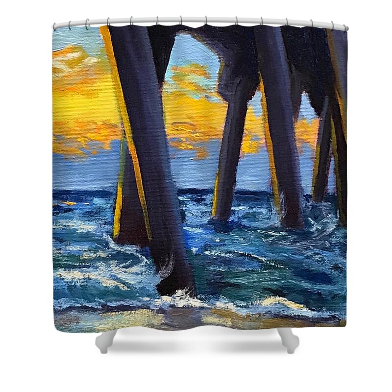 Boardwalk Shower Curtain featuring the painting Under the Boardwalk by Lisa Marie Smith