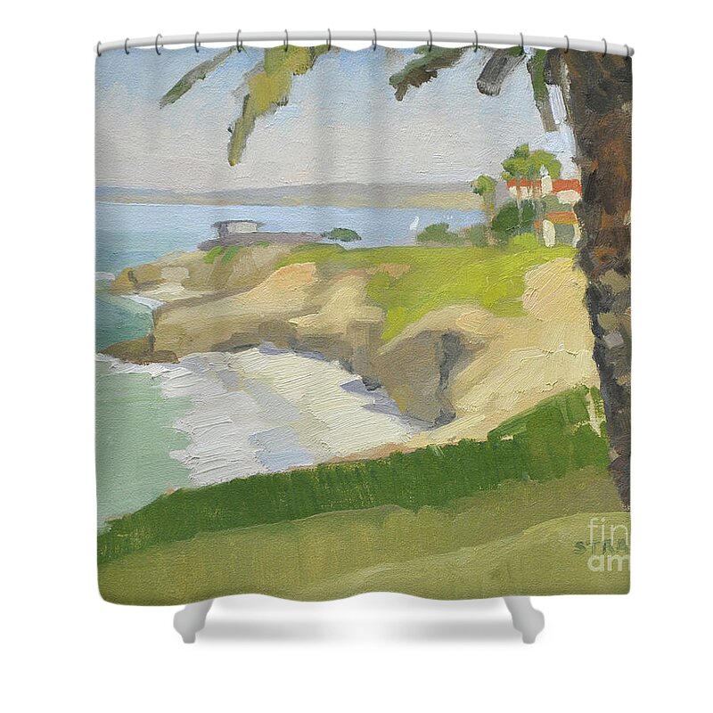 Wedding Bowl Shower Curtain featuring the painting Under the Palm at the Wedding Bowl, La Jolla by Paul Strahm