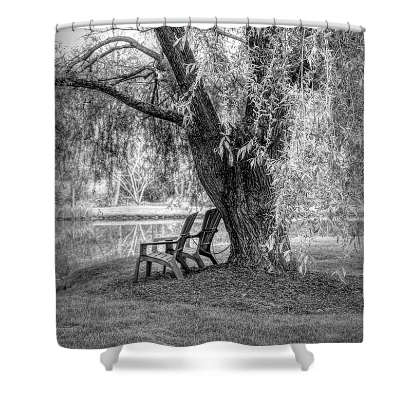 Chair Shower Curtain featuring the photograph Under the Weeping Willow Black and White by Debra and Dave Vanderlaan