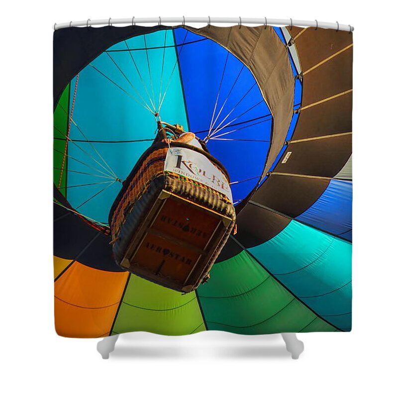 Wausau Shower Curtain featuring the photograph Underneath A Rainbow Colored Hot Air Balloon by Dale Kauzlaric