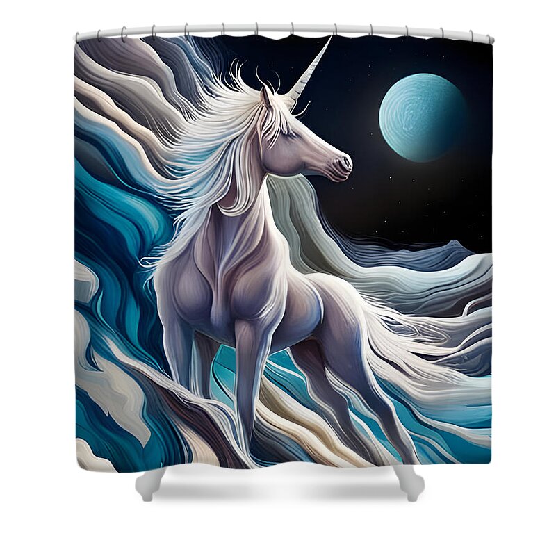 Unicorn Shower Curtain featuring the digital art Unicorn On The Moon by Jason Denis