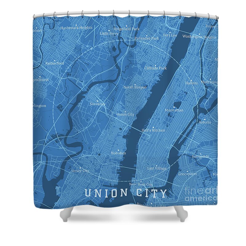 New Jersey Shower Curtain featuring the digital art Union City NJ City Vector Road Map Blue Text by Frank Ramspott