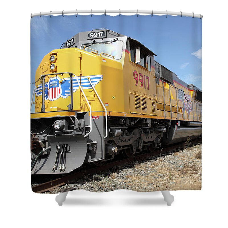 Wingsdomain Shower Curtain featuring the photograph Union Pacific Locomotive Train - 5D18640 by Wingsdomain Art and Photography