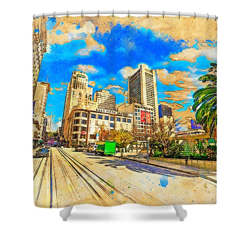 Union Square Shower Curtain featuring the digital art Union Square near Powell Street in San Francisco - digital painting by Nicko Prints