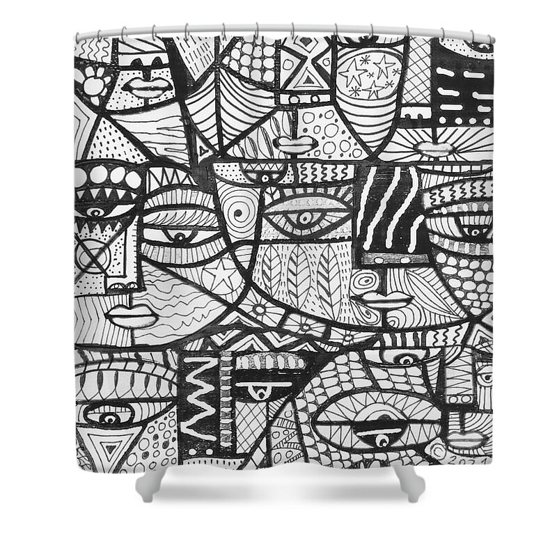 Coloring Shower Curtain featuring the painting United Global Faces Coloring Page by Sandra Silberzweig