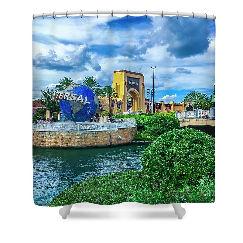 Universal Orlando Resort Shower Curtain featuring the photograph Universal Orlando Globe AP01 by Carlos Diaz