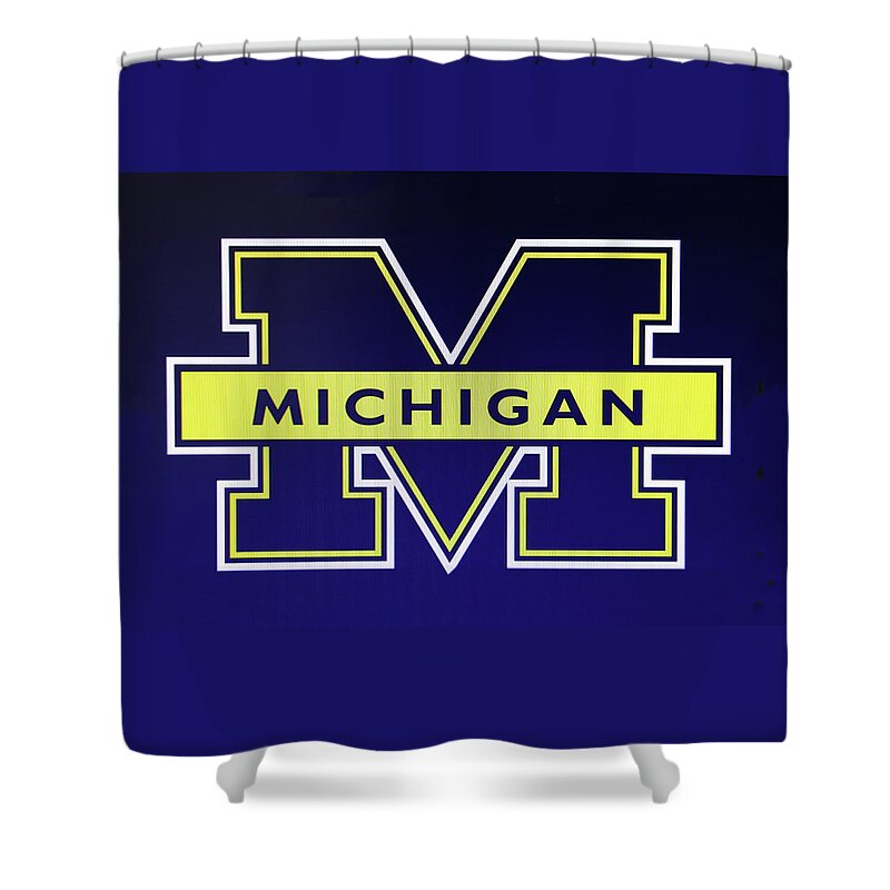 Michigan Shower Curtain featuring the photograph University of Michigan Logo by Allen Beatty