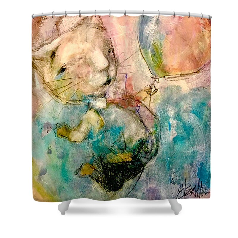 Cat Shower Curtain featuring the mixed media Up and Away by Eleatta Diver