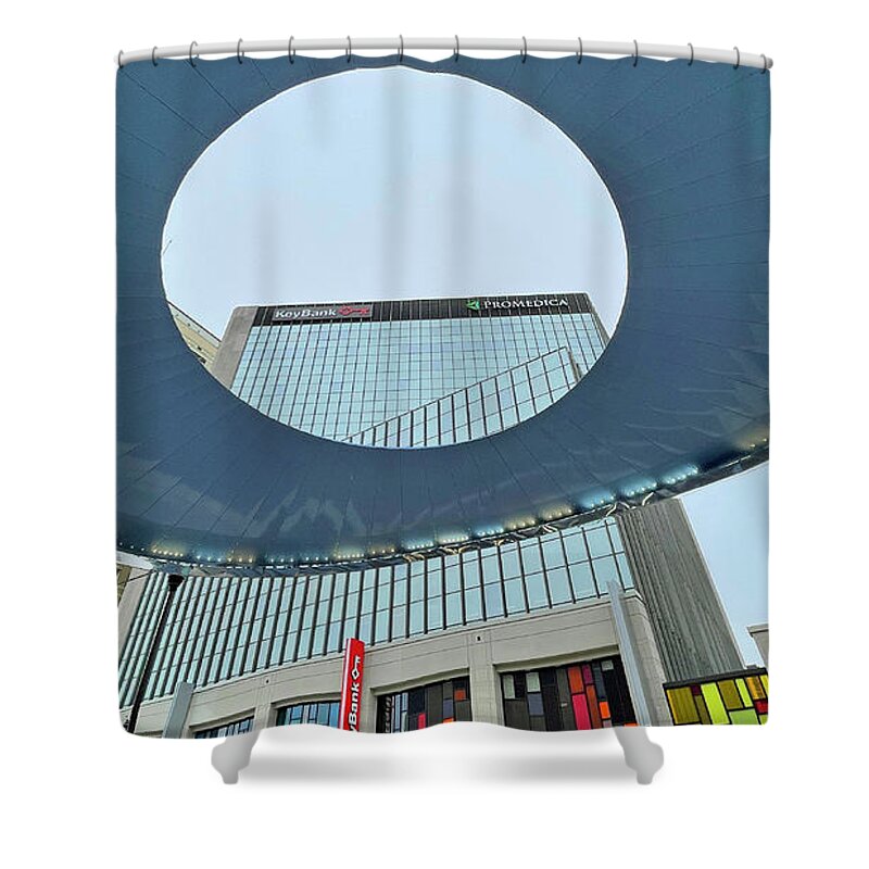 Upon Reflection Shower Curtain featuring the photograph Upon Reflection Artwork Downtown Toledo Ohio 4394 by Jack Schultz