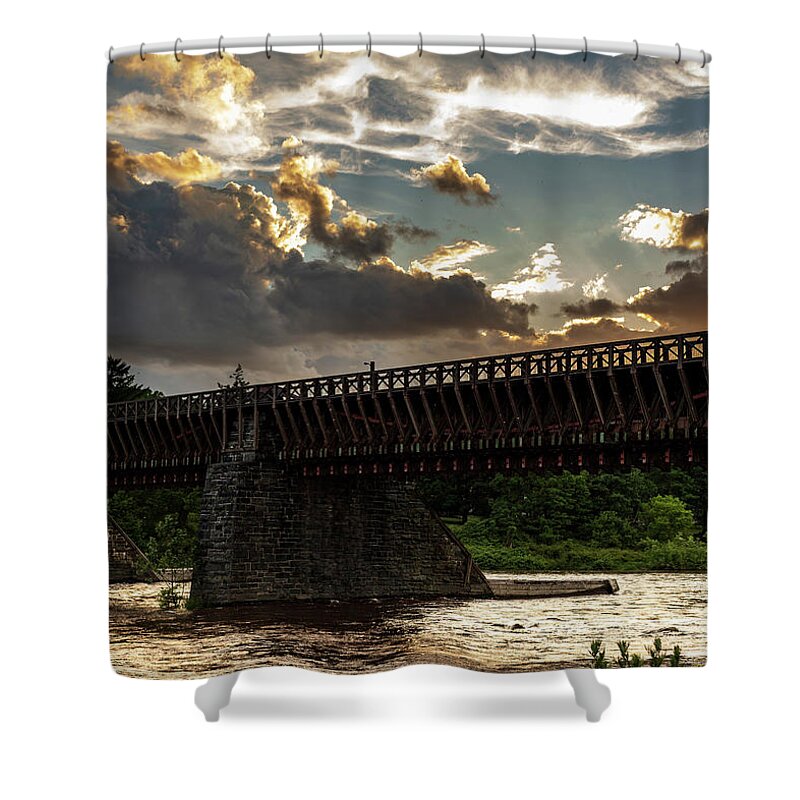 Historic Shower Curtain featuring the photograph Upper Delaware River Roebling Aqueduct Bridge by Amelia Pearn