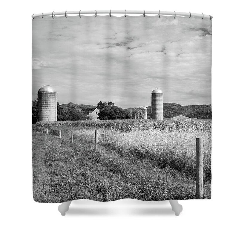 Autumn Shower Curtain featuring the digital art Upstate New York Farm Country - Black and White by Angie Tirado