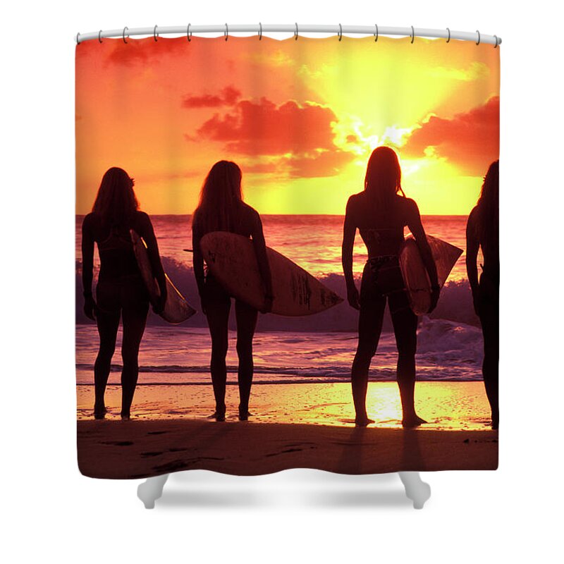 Surf Shower Curtain featuring the photograph Us Girls Sunset by Sean Davey