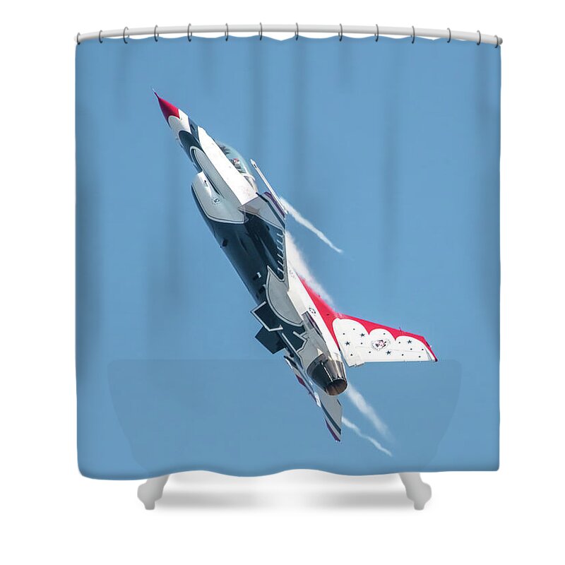 Thunderbirds Shower Curtain featuring the photograph USAF Thunderbirds Lead Solo #5 Vapor Trail by Jeff at JSJ Photography