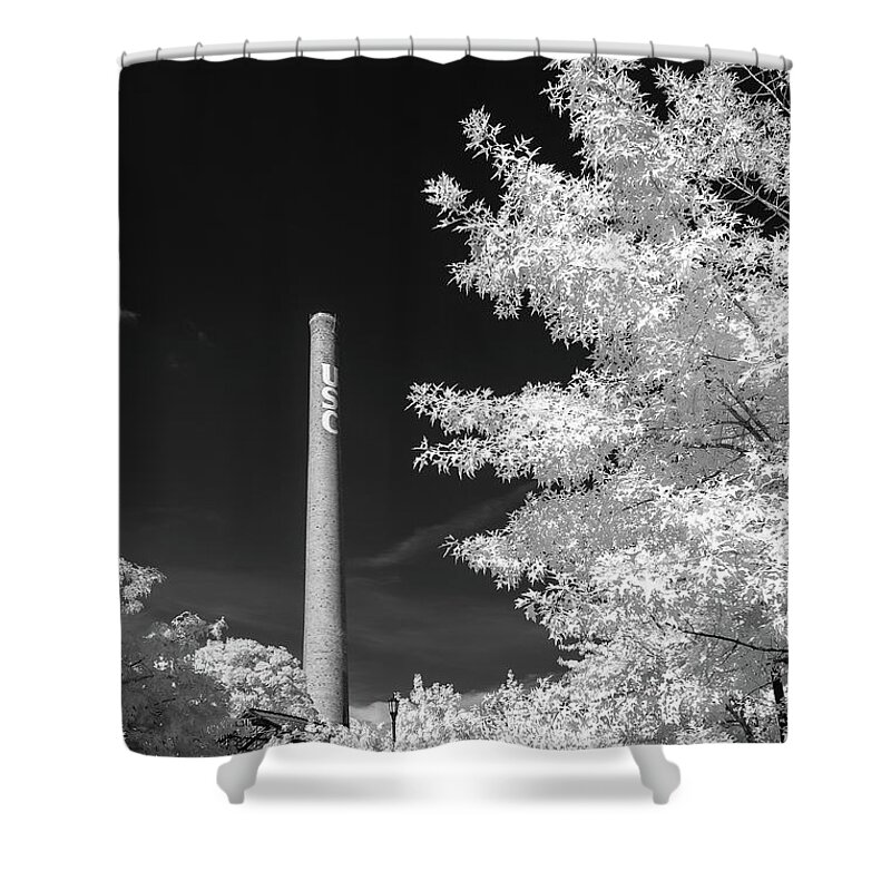 2016 Shower Curtain featuring the photograph USC Smokestack B and W by Charles Hite