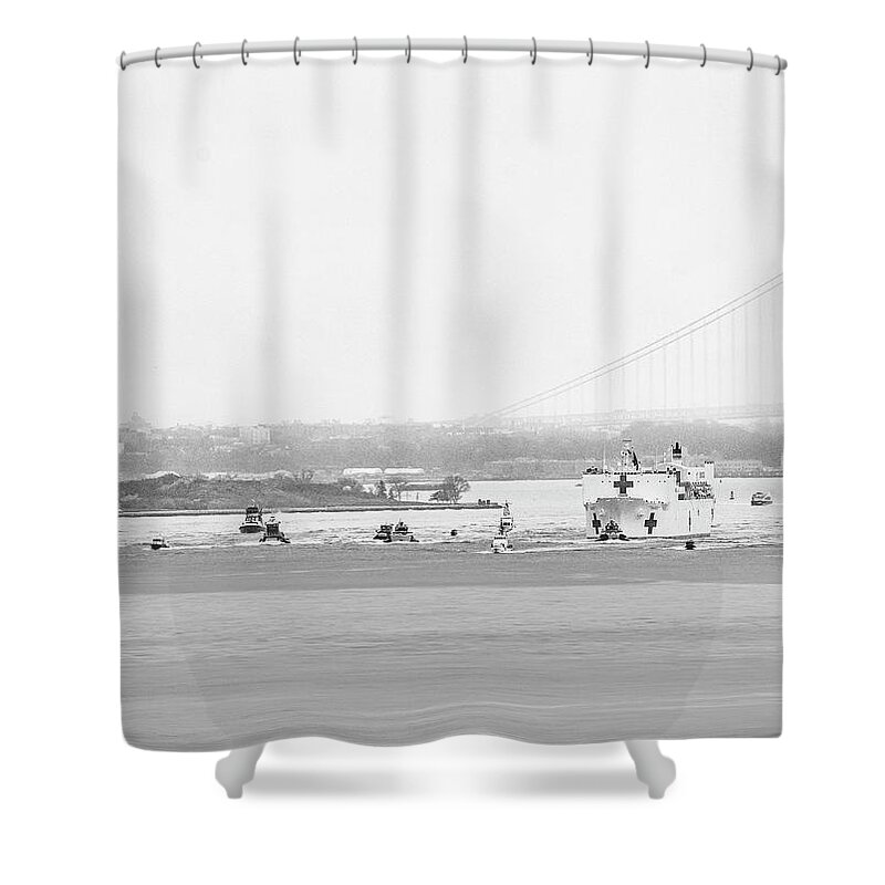 Us Naval Hospital Ship Shower Curtain featuring the photograph USNS Comfort NYC BW by Susan Candelario