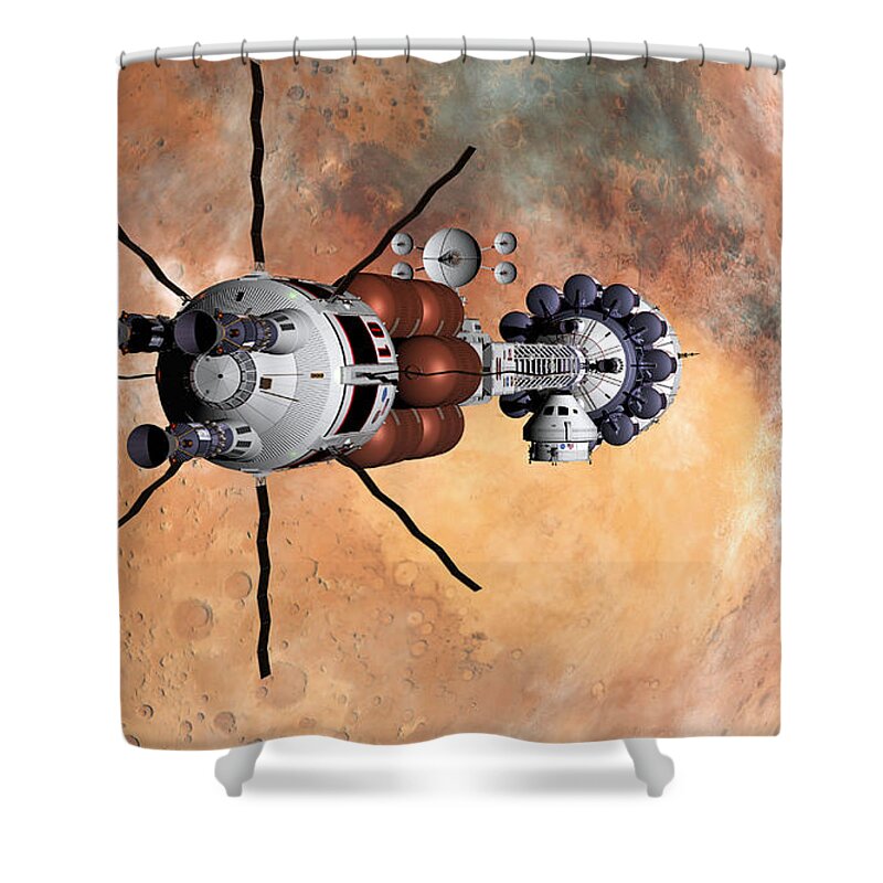 Science Shower Curtain featuring the digital art USS Hermes in orbit by David Robinson