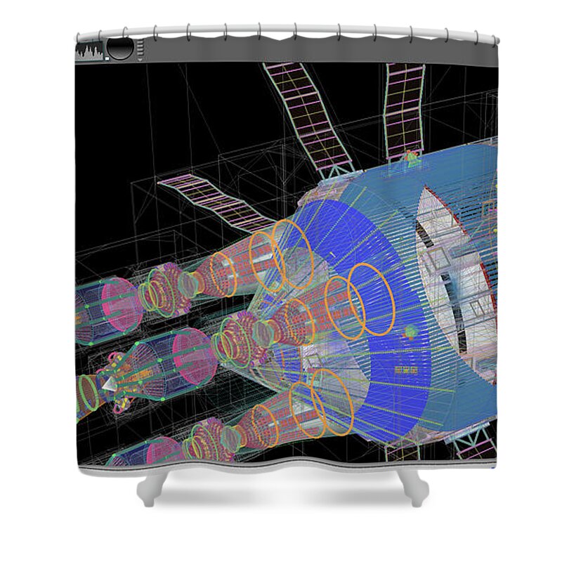 Modeling Shower Curtain featuring the digital art USS Hermes1 engine section wireframe by David Robinson