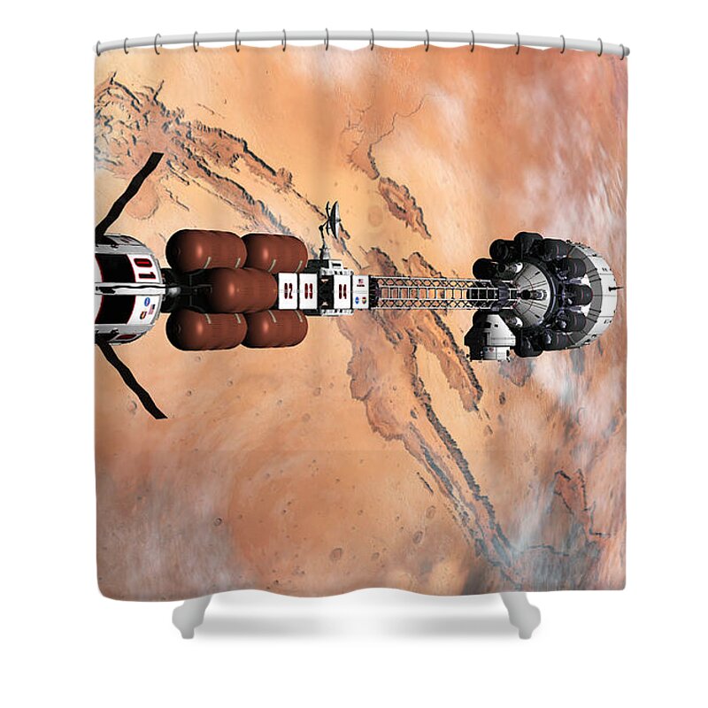 Spaceship Shower Curtain featuring the digital art USS Hermes1 over Valles Marineris by David Robinson