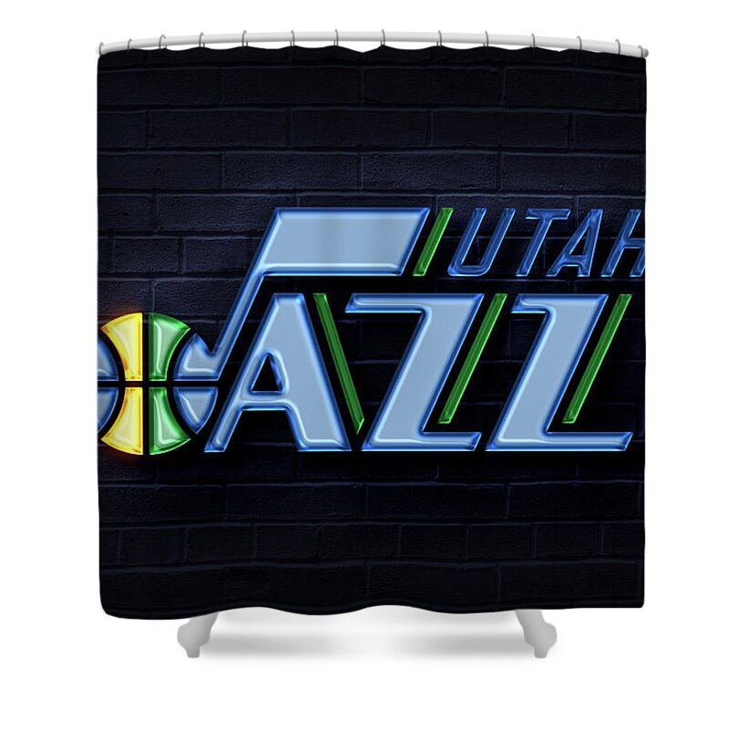 Nfl Shower Curtain featuring the digital art Utah Jazz Neon by Hai Yuimi