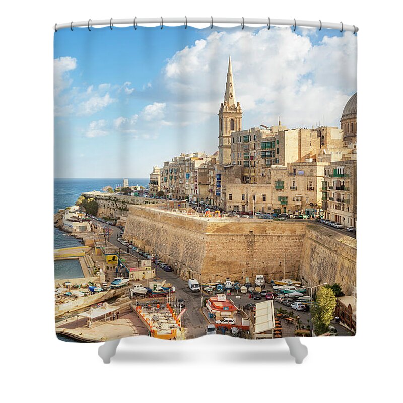 Valletta Skyline Shower Curtain featuring the photograph Valletta and Marsamxett Harbour, Malta by Neale And Judith Clark
