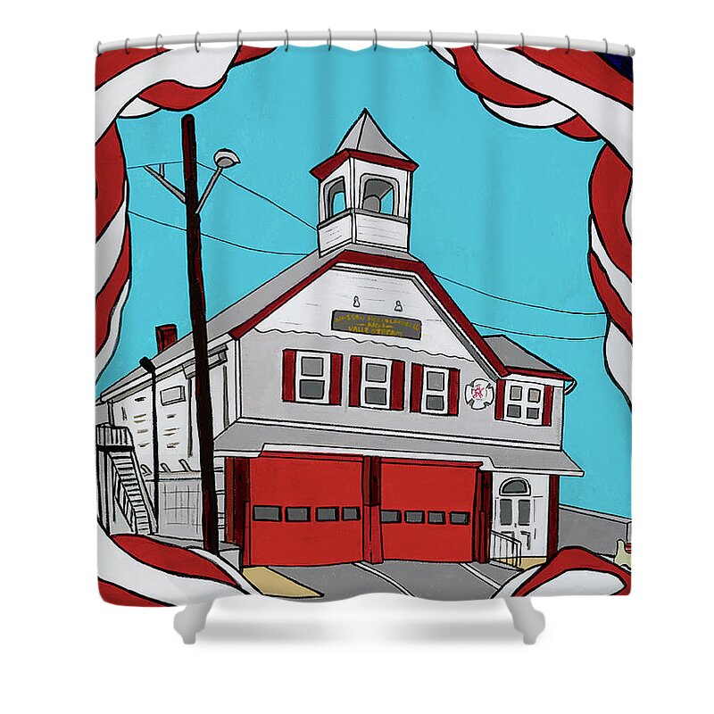 Valley Stream Fire House Fire Dept. Shower Curtain featuring the painting Valley Stream Corona Ave. Fire House by Mike Stanko