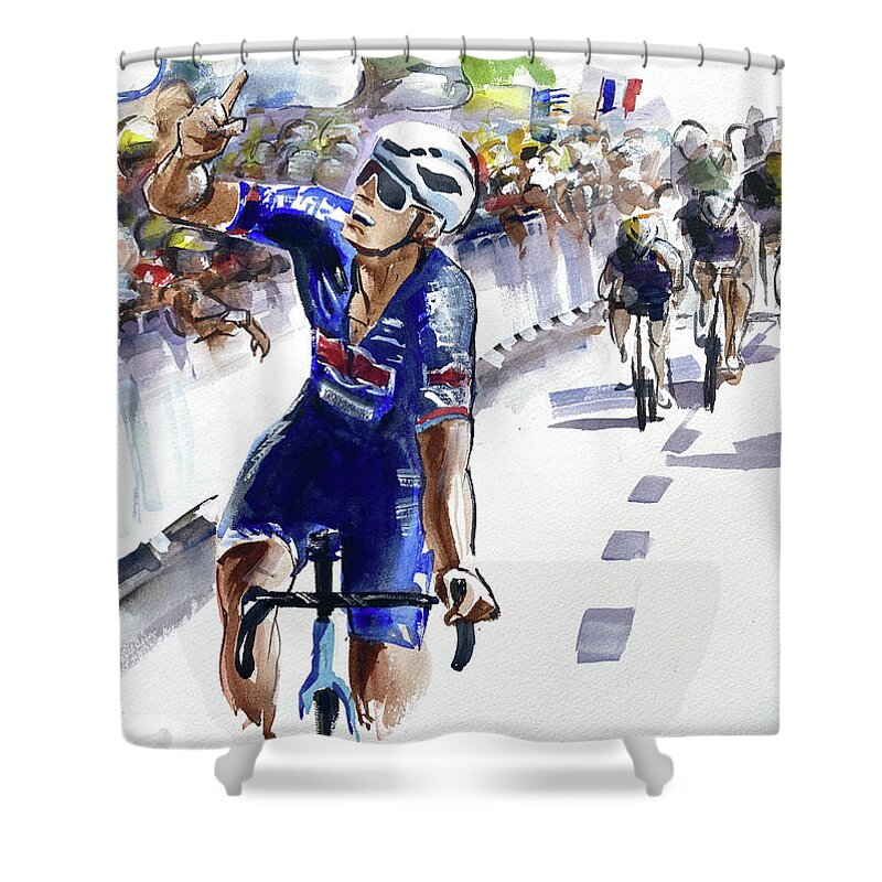 Le Tour De France Shower Curtain featuring the painting Van de Poel Wins Stage 2, TDF2021 by Shirley Peters