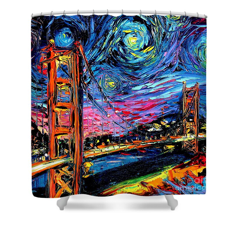 Golden Gate Bridge Shower Curtain featuring the painting van Gogh Never Saw Golden Gate by Aja Trier