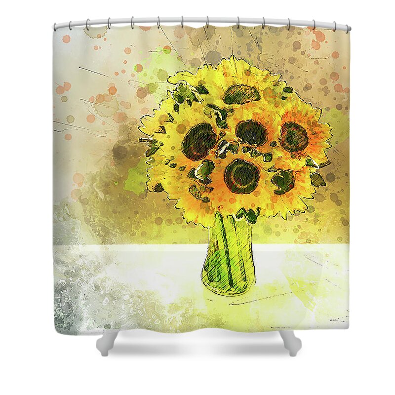Vase Of Sunflowers Shower Curtain featuring the mixed media Vase of Sunflowers by Pheasant Run Gallery