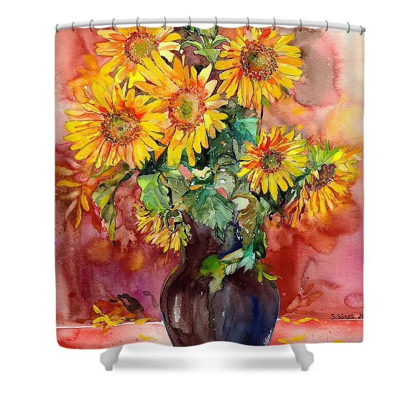 Sunflowers Shower Curtain featuring the painting Vase With Sunflowers by Suzann Sines