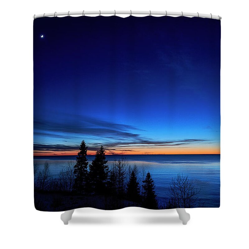 Environment Water Shore Frozen Blue Colorful Wilderness Sunset Light Shoreline Rocky Scenic Ice Cold Terrain Icy Vibrant Natural Close Up Canada Shower Curtain featuring the photograph Velvet Horizons by Doug Gibbons