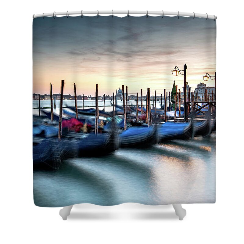 Gondola Shower Curtain featuring the photograph Venice Gondolas moored at the San Marco square. by Michalakis Ppalis