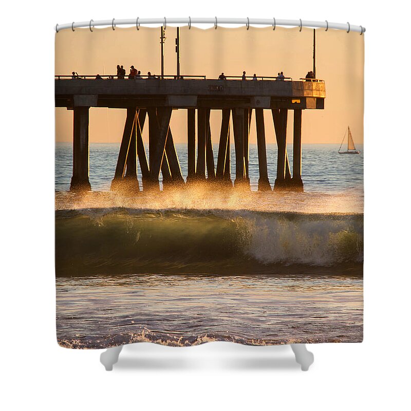 Venice Beach Shower Curtain featuring the photograph Venice Pier Wave by Chris Goldberg