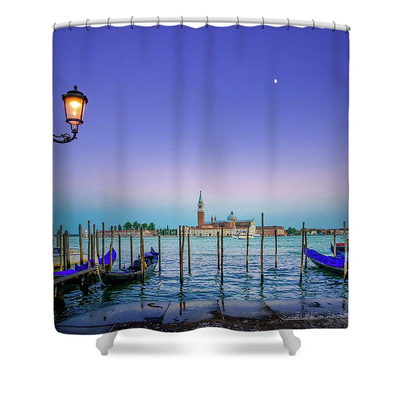 Venice Shower Curtain featuring the photograph Venice, street lamp and gondolas or gondole on sunset and church by Stefano Orazzini