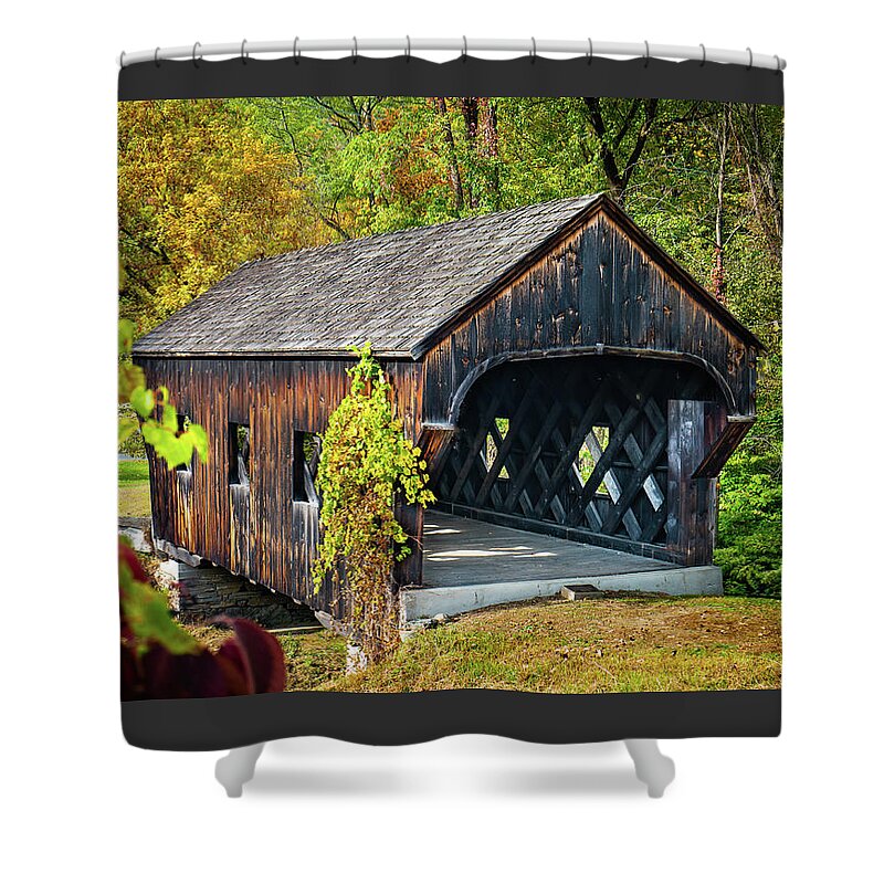 Covered Bridge Shower Curtain featuring the photograph Vermont Autumn at Baltimore Covered Bridge by Ron Long Ltd Photography