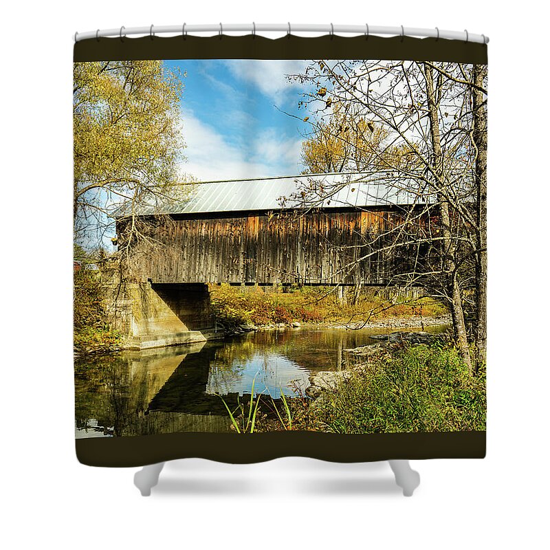 Bridge Shower Curtain featuring the photograph Vermont Autumn at Larkin Covered Bridge 3 by Ron Long Ltd Photography